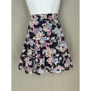 Loft Skirt Womens 4 Navy Blue Floral Mini Tiered Cottage Boho Cotton Zip Flowy